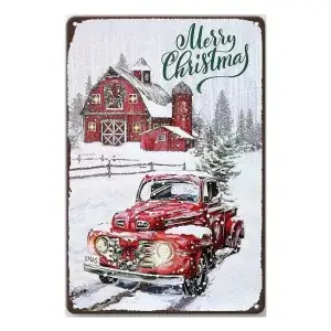 Metalen wandbordje Merry Christmas kerstauto