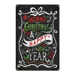 Metalen wandbordje Merry Christmas and Happy New Year