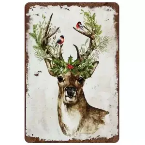 Metalen wandbordje Rendier met vogels