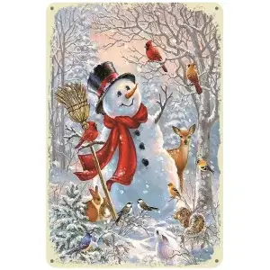 Metalen wandbordje Sneeuwpop met dieren