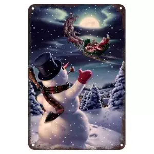 Metalen wandbordje Sneeuwpop zwaaien naar kerstman