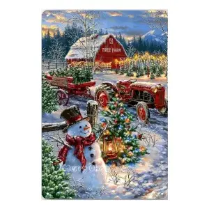 Metalen wandbordje Sneeuwpop op kerstboerderij