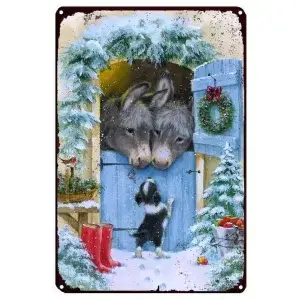 Metalen wandbordje Hond op visite bij de Ezels