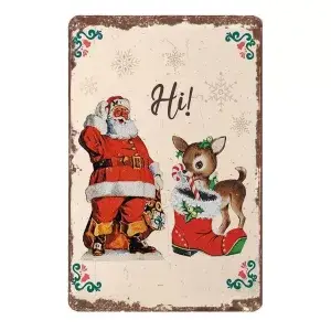 Metalen wandbordje Kerstman met Bambi