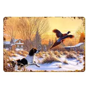 Metalen wandbordje Hond met fazant