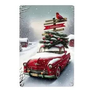 Metalen wandbordje Kerstauto met vogel