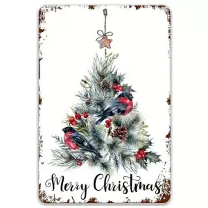 Metalen wandbordje Merry Christmas Kerstboom met vogels