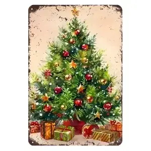 Metalen wandbordje Kerstboom met pakjes