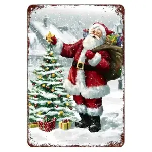 Metalen wandbordje Kerstman met pakjes bij kerstboom