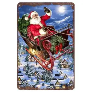 Metalen wandbordje Kerstman op arrenslee door de lucht