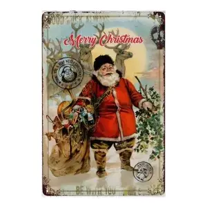Metalen wandbordje Merry Christmas met poststempel