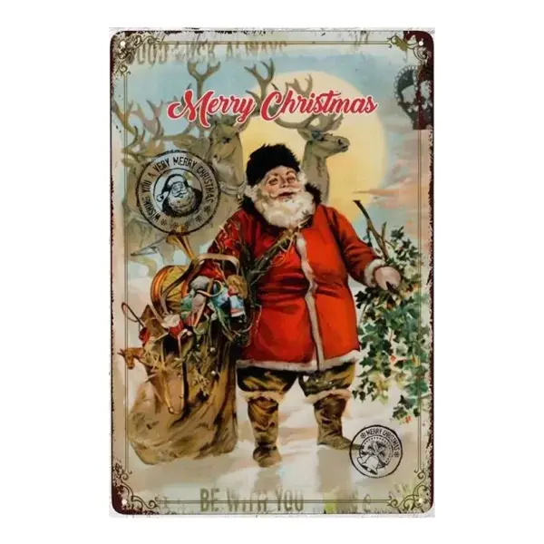 Metalen wandbordje Merry Christmas met poststempel