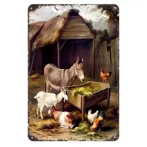 Metalen wandbordje Dieren bij de kerstkribbe