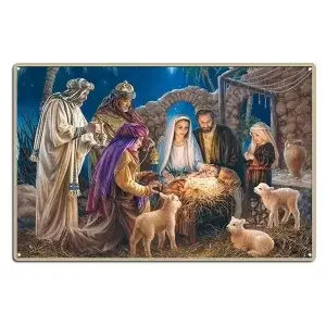 Metalen wandbordje Josef en Maria in de kerststal