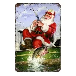 Metalen wandbordje Vissende kerstman