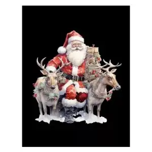 Kerstman knielend met rendieren (zwarte achtergrond)