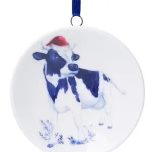 Kerstornament Heinen Delfts Blauw – Koe met kerstmuts – Keramiek – 6 cm