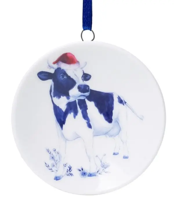 Kerstornament Heinen Delfs Blauw – Koe met kerstmuts – Keramiek – 6 cm