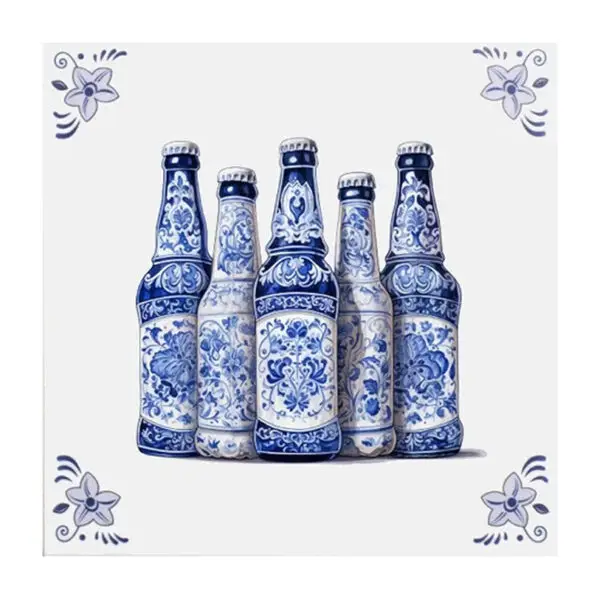 Delfts blauw tegeltje bier flessen