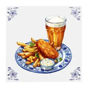 Delfts blauw tegeltje met Patat, Schnitzel en Bier