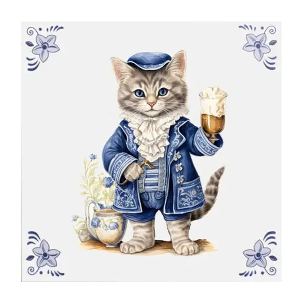 Delfts blauw tegeltje met kat
