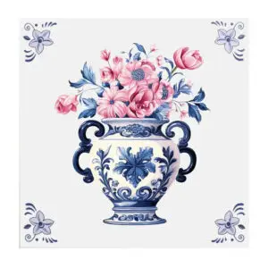 Delfts blauw tegeltje met vaas met bloemen!