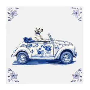 Delfts blauw tegeltje Hond in auto
