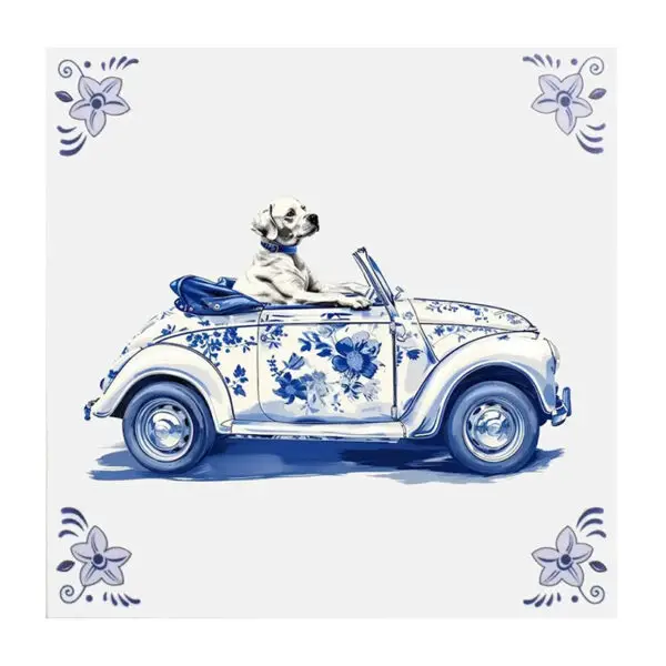 Delfts blauw tegeltje Hond in auto