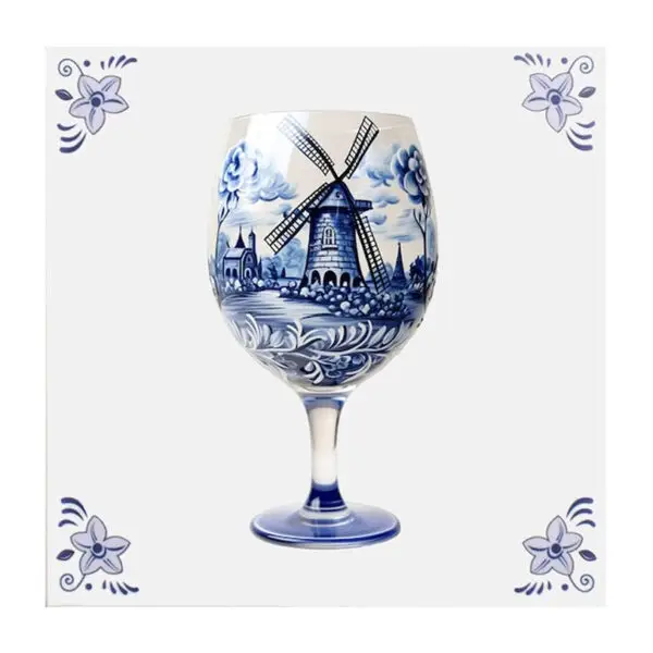 Delfts blauw tegeltje met wijnglas