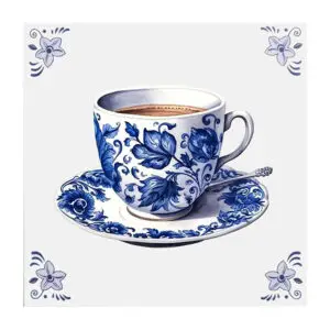 Delfts blauw tegeltje met kopje koffie