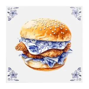 Delfts blauw tegeltje met chickenburger