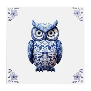 Delfts blauw tegeltje met uil