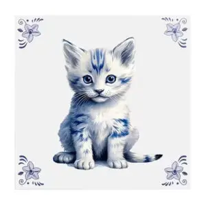Delfts blauw tegeltje met kitten